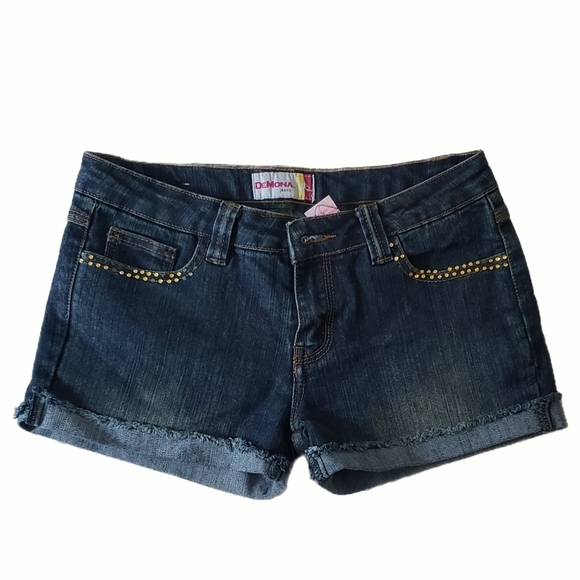 Demonia Blue Denim Shorts with Gold Stud Detail – Size L - Picture 1 of 4